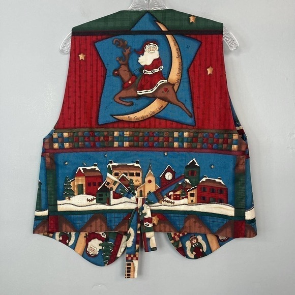 Handmade Applique Embroidered Christmas Vest Folk Art Santa Reindeer Village M - Picture 9 of 12